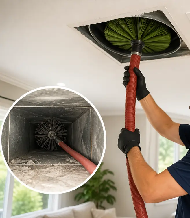 Professional Air Duct Cleaning Service Professional HVAC technician cleaning residential air ducts